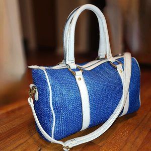 Vintage Francesca's blue woven nylon white leather dome crossbody bag/carry on